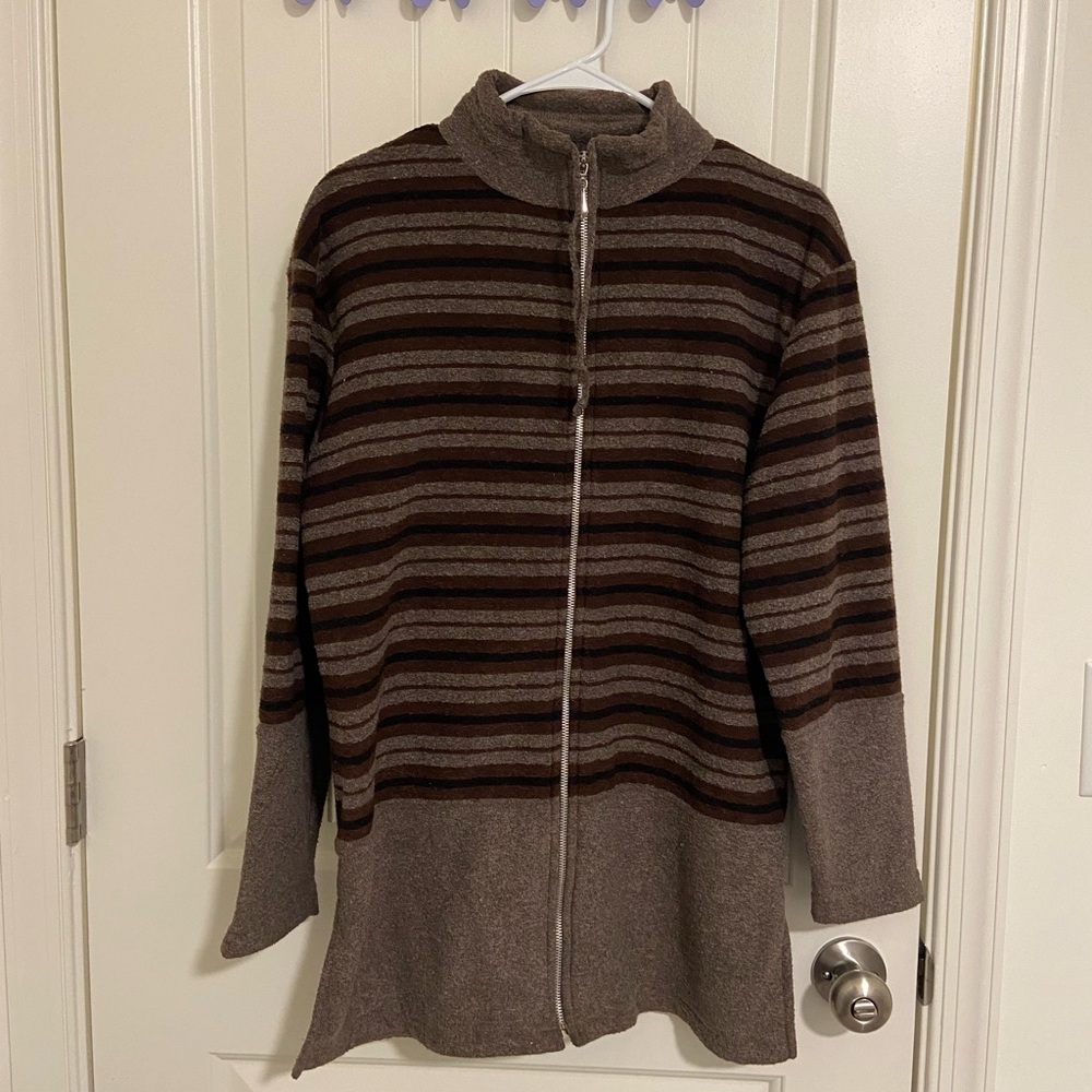 EUC Vintage Frazier Lawrence women’s brown stripe soft plush zip jacket medium - Picture 1 of 6